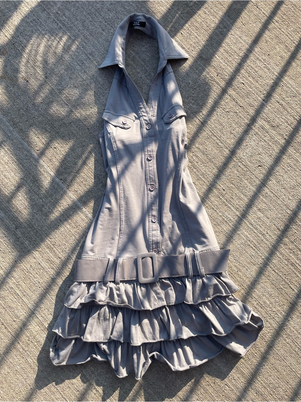 Ruffled Button-Front Mini Dress in Light Gray